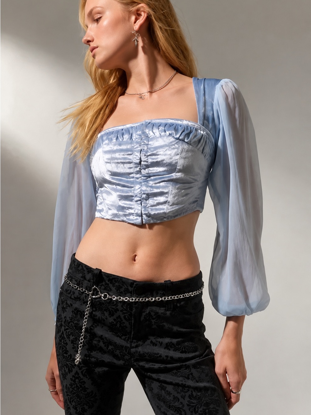 Urban Outfitters Light Blue Satin Corset Crop Top with Sheer Sleeves